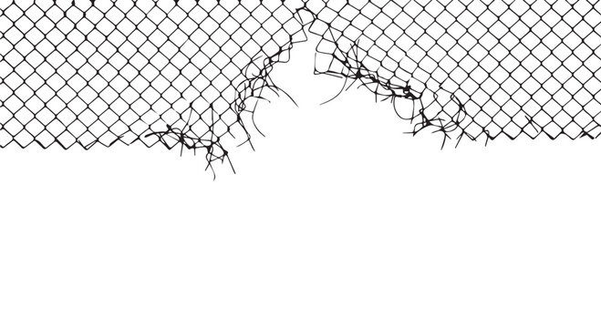 Torn chain link fence with ripped metal mesh on white background, symbolizing damage and isolation.