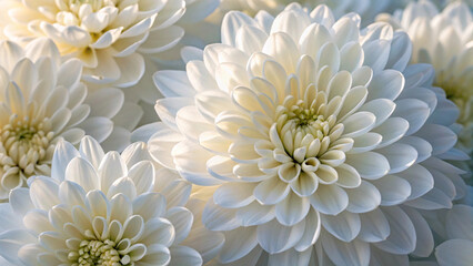 Obraz premium White chrysanthemum flowers closeup, soft petals fresh blooms, elegant floral macro photography pure delicate beauty