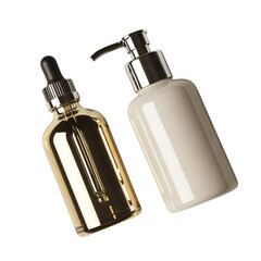Golden transparent dropper bottle and white pump bottle with silver tops displayed on black background with studio lighting for beauty products