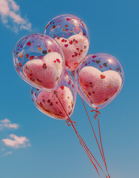 Transparent balloons with pink heart confetti floating in blue sky. Valentines celebration concept for festive design.