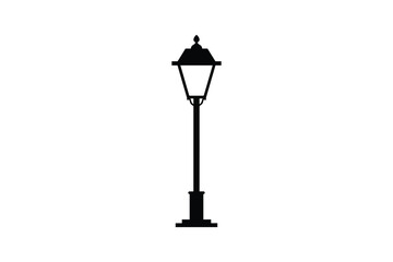 Black silhouette of a traditional lamppost on a clean white background, simple street light icon