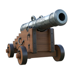 A large, historical cannon mounted on wheels, ready for action.