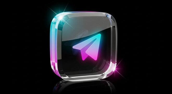 Premium 3D 3D app icon of Telegram glass crystal material neon cyan magenta rim lighting compact rounded square tile floating reflective premium render pure black background - Glass Crystal App Ico