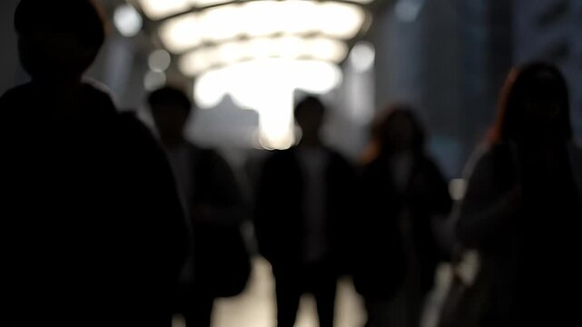 Static Bokeh Shot of Anonymous Commuters Walking Through Urban Skywalk