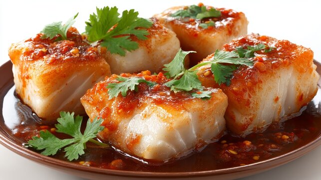 Studio-lit white bowl holds a white fish fillet cooked in butter sauce, seasoned with herbs and spices