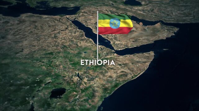 The Flag of Ethiopia on the World Map, the Ethiopian flag waving on the 3d map animation 4K