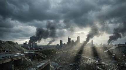 Smoke Plumes Rising Over Distant Ruined City Under Stormy Skies
