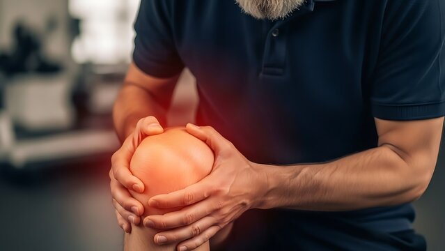 Primer plano de manos masculinas sosteniendo la articulaci&oacute;n de la rodilla dolorosa durante una lesi&oacute;n