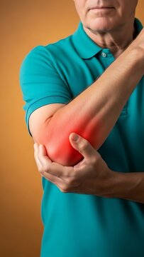 Hombre sosteniendo su codo inflamado sufriendo de tendinitis o codo de golfista