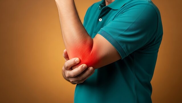 Hombre sosteniendo su codo inflamado sufriendo de tendinitis o codo de golfista