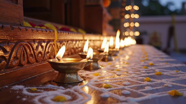 Row of Traditional Oil Lamps Lit During Evening Ceremony with Decorative Sand Patterns and Soft Bokeh Background