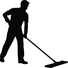 Man sweeping floor with broom, standing, silhouette, vector illustration