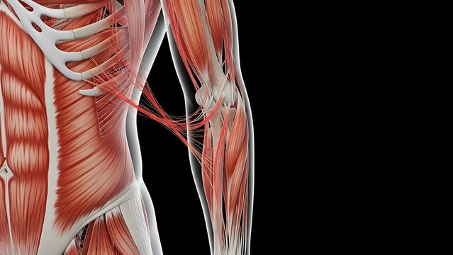 Ilustraci&oacute;n del sistema muscular que resalta los tendones del b&iacute;ceps y las fibras del torso