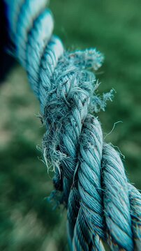 Close-up of a frayed blue rope, showing texture and fraying strands against a blurred green background