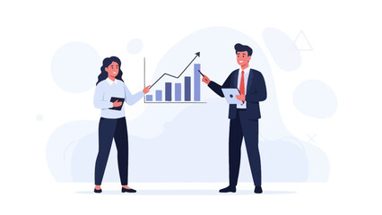 Business growth chart analysis, two professionals discussing strategy on white background