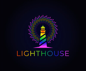 Colorful lighthouse logo with radiant circular light beams on a dark background.