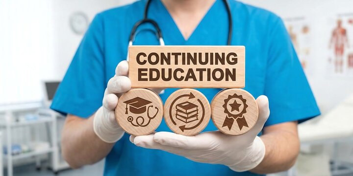 Doctor holding wooden blocks with icons sees inscription: CONTINUING EDUCATION. Continuing education and personal development healt care concept. Continuing professional medicine education. new