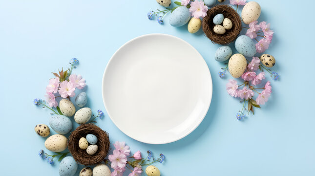 White plate with frame of colored eggs and spring flowers on a blue background. Banner mock-up template for greeting card or Christian holiday invitations, and Easter dinner with copy space.