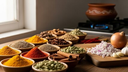 Fototapeta premium Aromatic Indian Spices Arranged in Wooden Bowls for Flavorful Cooking