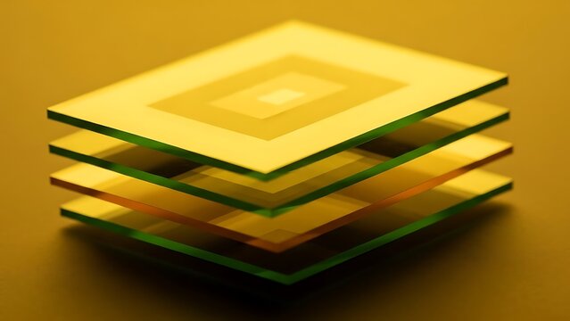 Placas de vidrio transl&uacute;cidas apiladas en capas que representan la arquitectura de datos o las obleas de silicio