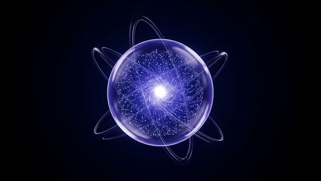 Concepto de computaci&oacute;n cu&aacute;ntica con n&uacute;cleo at&oacute;mico y part&iacute;culas orbitando en el espacio oscuro