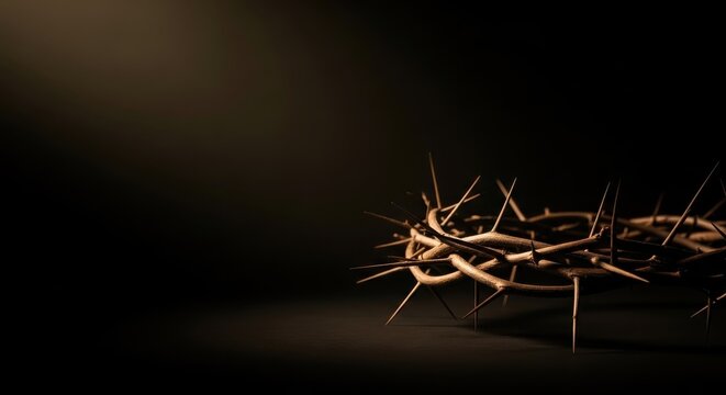 A low-key, dark sepia crown of thorns dramatically symbolizes the suffering of good friday.