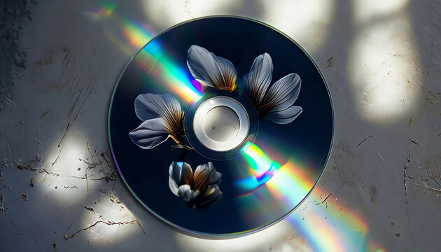 immagine del retro di un cd dvd con fiori incisi sulla parte lucida, image of the back of a CD/DVD with flowers engraved on the shiny side