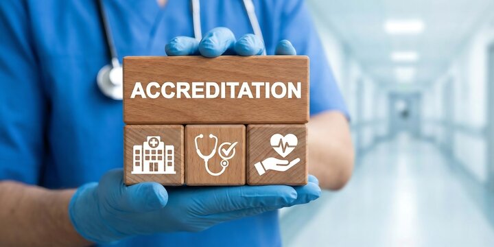 Doctor holding wooden blocks with icons sees word: ACCREDITATION. Warranty, standards, ISO quality certification and guarantee medicine concept. Medical accreditation. Accredited health care product. 