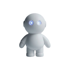 Naklejka premium A 3D rendered robot figurine with glowing blue eyes standing on a plain surface viewed from the front