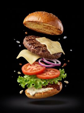 Exploded layered gourmet hamburger with premium ingredients on black background
