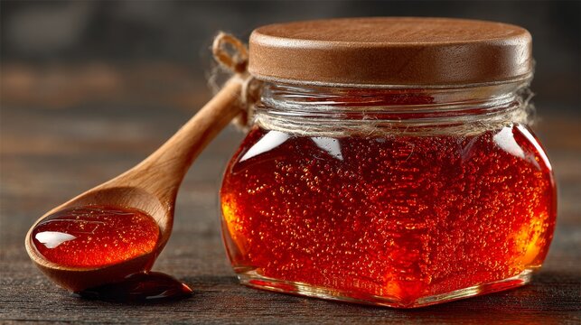 Golden Honey: A close-up image of a jar of golden honey, showing its bright color and thick flow, with a wooden dipper lying on top
