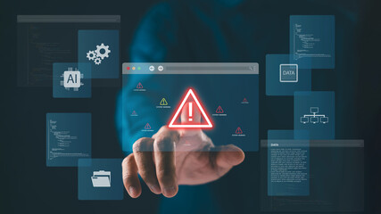 Cybersecurity risk with system warning alert shows virtual interface, malware hacking and data breach system failure appear as vulnerabilities within digital network technology