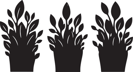 Fototapeta premium Three black silhouettes of plants in pots on white