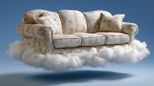 Cloud Sofa: A soft sofa floating quietly on a cloud, nestled under a bright blue sky, symbolizing tranquility and idleness