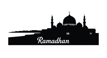 Ramadan mosque silhouette with domes and minarets on white background © SHAMIM STOCK