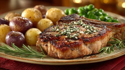 A mouthwatering roast pork tenderloin rests beside golden potatoes, coated in a thick, rich gravy