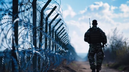 Obraz premium A soldier walks along a barbed wire fence under a blue sky. The scene conveys themes of security and border control.