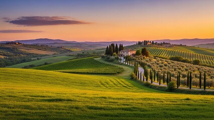 Naklejka premium Serene Tuscan Landscape with Rolling Hills and Farmhouse at Sunset
