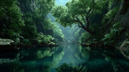 Fototapeta premium Emerald Embrace: A peaceful lake mirrors the dense green canopy that surrounds it, composing a captivating image of natural beauty and quiet