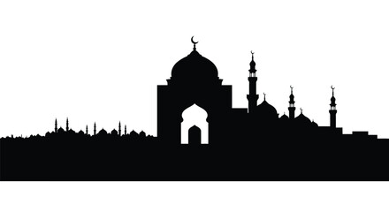 Mosque Silhouette with Domes and Minarets against White Sky © SHAMIM STOCK
