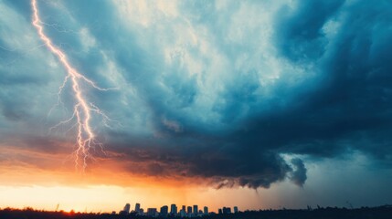 Obraz premium Lightning strikes over city skyline during a stormy evening