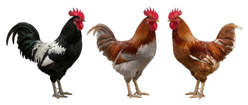 Three roosters standing side by side, black and white speckled and two brown hens, farm poultry studio shot on white background