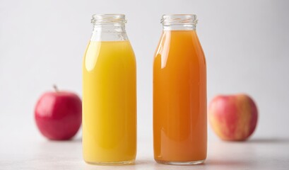 Fototapeta premium Juice bottles with apple in the background on a plain surface