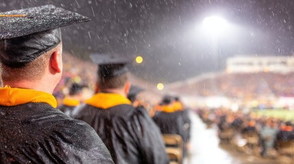 Obraz premium Graduation ceremony takes place in the rain at night in a large stadium