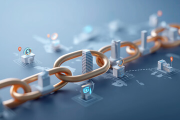 Golden chain links connect miniature buildings and icons representing interconnected blockchain network infrastructure for modern digital commerce.
