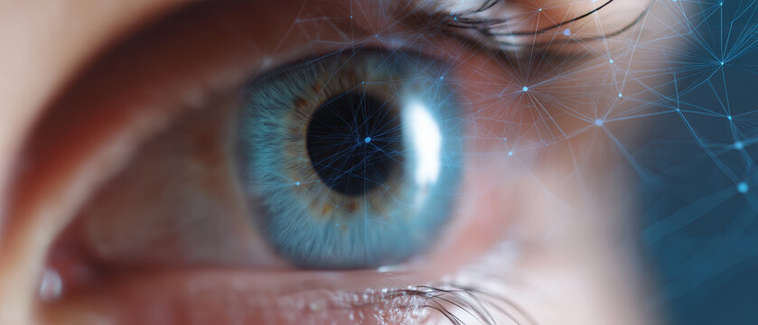 Human eye with geometric network overlay illustrating advanced biometric recognition technology and artificial intelligence visual processing capabilities.