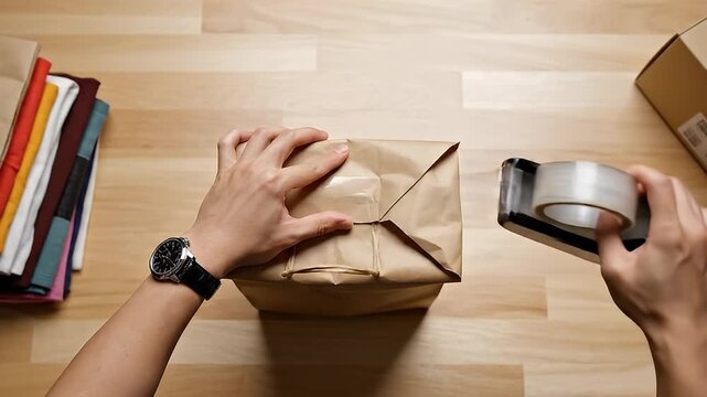 Close Up Hands Pack and Wrap Creative Package On Table.