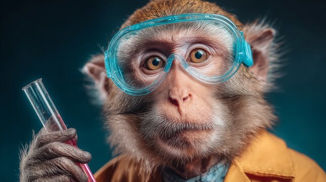 Scientist Monkey: A primate wearing a lab coat stares intently at a vial, embodying curiosity and scientific endeavor