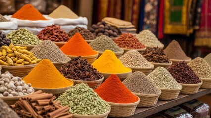 Vibrant Indian Spices Displayed in Market Baskets