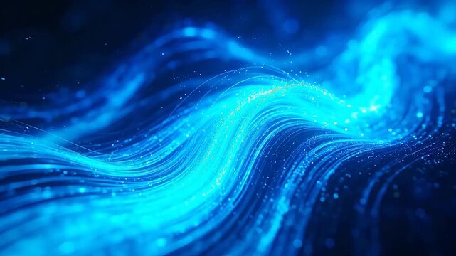 Abstract purple and blue glowing waves with sparkles on dark background